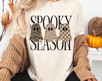 Comfort Colors® Spooky Season Shirt, Leopard Ghost Shirt, Camo Ghost Shirt, Checkered Ghost Crewneck, Halloween Ghosts Tee, Fall Season Gift