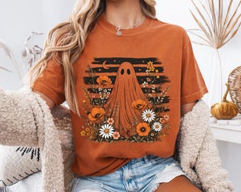 Comfort Colors® Retro Celestial Floral Ghost Shirt, Halloween Graphic Tee: Cute Ghost with Wildflowers - Vintage Style