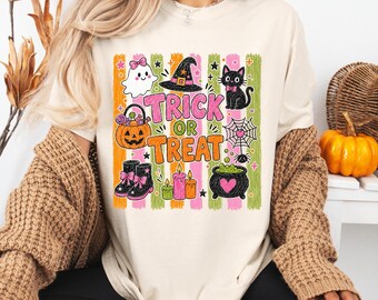 Trick Or Treat Comfort Colors® Shirt, Cute Halloween T-Shirt, Coquette Halloween Shirt, Pink Halloween Tee, Girly Halloween Gift Tee