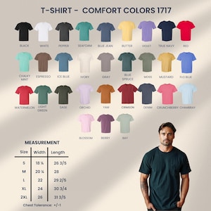 Puede incluir: Exhibici&oacute;n de camisetas Comfort Colors 1717 en varios colores, incluyendo negro, blanco y rojo. La imagen incluye una tabla de tallas con medidas en cm, y un hombre con una camiseta verde oscuro.