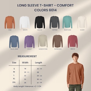 Puede incluir: Una exhibici&oacute;n de camisetas de manga larga c&oacute;modas en varios colores, incluyendo Yam, Blanco, Negro, Pimienta, Espuma de mar e Ivory. La imagen tambi&eacute;n muestra Azul Jean, Violeta, Arenisca, Espresso y Ladrillo. Se incluye una tabla de medidas.