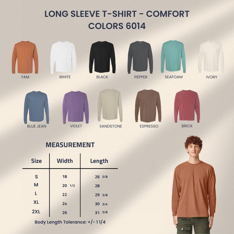 Puede incluir: Una exhibici&oacute;n de camisetas de manga larga c&oacute;modas en varios colores, incluyendo Yam, Blanco, Negro, Pimienta, Espuma de mar e Ivory. La imagen tambi&eacute;n muestra Azul Jean, Violeta, Arenisca, Espresso y Ladrillo. Se incluye una tabla de medidas.