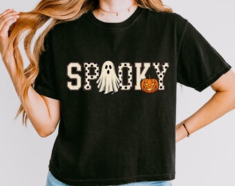 Retro Spooky White Dots Boxy Tee, Preppy Halloween Ghost Tee, Pumpkin Halloween Tee, Spooky Season Tee, Varsity Tee, Distressed Ghost Tee