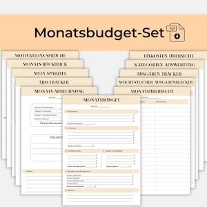 Puede incluir: Un conjunto de hojas de planificación financiera imprimibles, titulado "Monatsbudget-Set" en negro. Las hojas incluyen secciones para ingresos, gastos y ahorros, con títulos en alemán. Un icono PDF está en la esquina superior derecha.