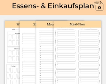 Minimalist Meal Planner & Shopping List | Digital Meal Plan (German) with Water Tracker, Monthly Overview | Printable PDF Template