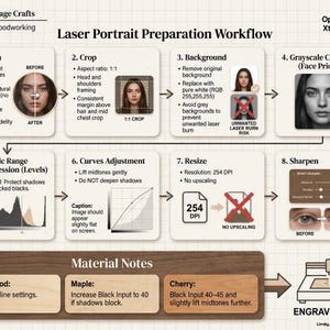 May include: Workflow diagram for laser portrait preparation, detailing steps from retouching to sharpening. Includes instructions for cropping, background removal, grayscale conversion, and resizing. Features material notes for basswood, maple, and cherry.