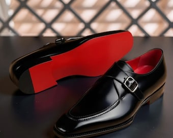 Men's Handmade Black Calf Leather Monk Strap Shoes | Red Sole | Leatherley