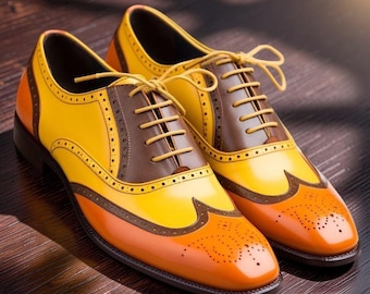 Men's Handmade Multi Color Leather Wingtip Brogue Oxford Shoes | Leatherley