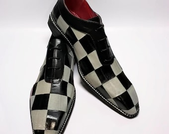 Men's Handmade Black & White Check Leather Oxford Shoes | Leatherley