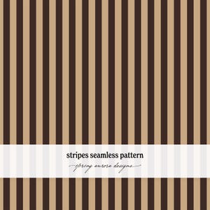 Peut inclure: Un motif sans couture composé de rayures verticales répétitives alternant entre le marron foncé et le beige. Une bande horizontale blanche dans la partie inférieure contient le texte noir stripes seamless pattern et spring aurora designs.