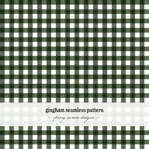 May include: A seamless gingham pattern featuring a repeating grid of dark forest green and white squares. A horizontal white band across the lower section displays the black text "gingham seamless pattern" and "spring aurora designs".