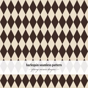 May include: A seamless harlequin pattern featuring repeating dark brown diamonds on a light beige background. A white horizontal banner across the lower section displays the black text harlequin seamless pattern and spring aurora designs.
