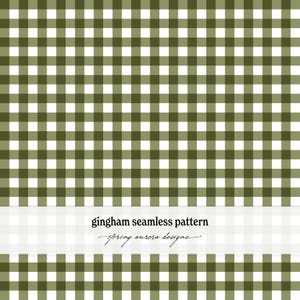 May include: A seamless gingham pattern featuring a repeating grid of dark olive green and white squares. A horizontal white band across the lower section displays the black text "gingham seamless pattern" followed by "spring aurora designs".