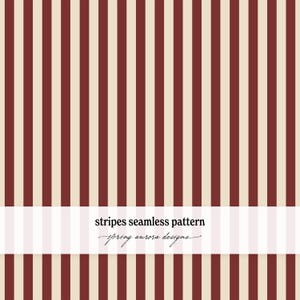 May include: A seamless pattern featuring vertical stripes in alternating dark red and cream colors. A white horizontal band across the lower section displays the black text stripes seamless pattern and the script text spring aurora designs.