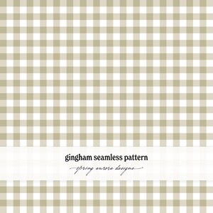 May include: A seamless gingham pattern featuring a repeating grid of light beige and white squares. A horizontal white band across the lower section displays the black text "gingham seamless pattern" followed by "spring aurora designs".
