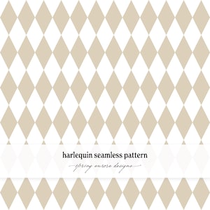 Puede incluir: Un patrón de arlequín sin costuras con diamantes beige y blancos repetidos. Una banda blanca horizontal en el centro muestra el texto negro harlequin seamless pattern y el texto en cursiva spring aurora designs.