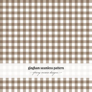 May include: A seamless gingham pattern featuring a repeating grid of light brown and white squares. A horizontal white band across the lower section contains the black text "gingham seamless pattern" followed by "spring aurora designs".