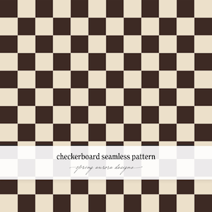 Puede incluir: Un patrón de tablero de ajedrez sin costuras con cuadrados alternos de color marrón oscuro y crema. Una banda horizontal blanca en la parte inferior contiene el texto negro checkerboard seamless pattern y spring aurora designs.