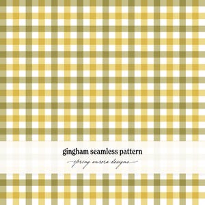May include: A seamless gingham pattern featuring a grid of intersecting horizontal and vertical lines in shades of mustard yellow, olive green, and white. A white horizontal band across the bottom displays the text gingham seamless pattern spring aurora designs.