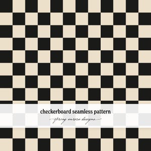 Puede incluir: Un patrón de tablero de ajedrez sin costuras con cuadrados negros y beige alternos. Una banda horizontal blanca en la sección inferior contiene el texto negro "checkerboard seamless pattern" seguido de "spring aurora designs".