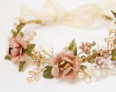 Pink flower hair crown, Wedding hair crown, crystal and pearl headband, bohemian bride, woodland head wreath, rustic wedding, hair accessory