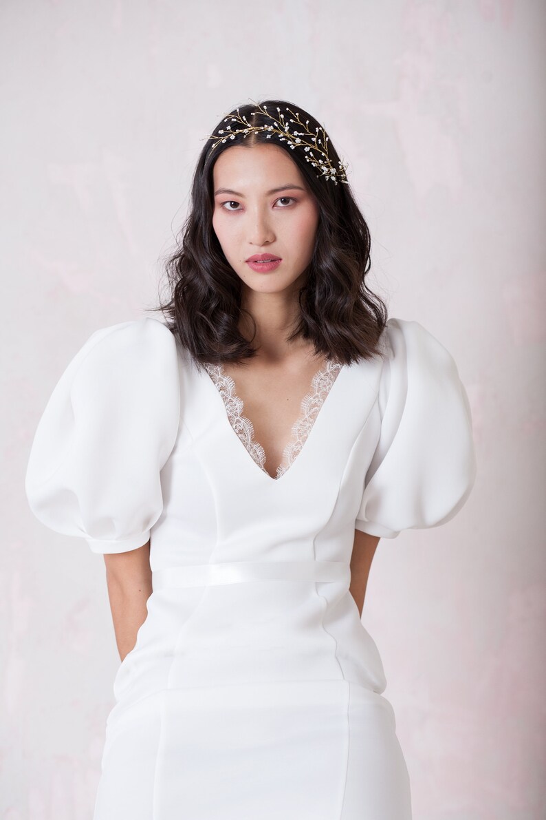 White beaded vine headband crystal and pearl delicate bead hair crown simple hair accessories minimal head piece wedding wire headpiece