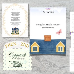May include: A collection of educational printables featuring the poem Song for a Little House by Christopher Morley. The set includes a title page with a house illustration, a poem sheet with a floral border, and lined practice pages for handwriting.