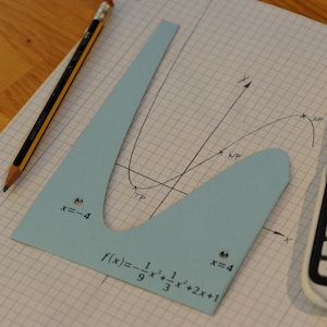 Könnte beinhalten: Eine hellblaue Kurvenschablone mit der Gleichung f(x) = -1/9x³ + 1/3x² + 2x + 1 und den Werten x=-4 und x=4. Ein Bleistift und eine Grafik sind ebenfalls sichtbar. Die Schablone wird zum Zeichnen mathematischer Kurven verwendet.