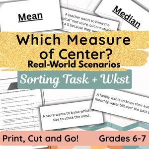 以下が含まれることがあります： Which Measure of Center? Real-World Scenarios Sorting Task + Wkstというタイトルの教育用教材。統計シナリオが記載された印刷カード、ワークシート、MeanおよびMedianのテキストラベルが含まれており、6〜7年生向けに設計されています。