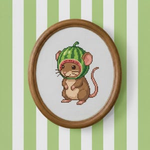 Watermeloen muis kruissteekpatroon, borduurkaart kawaii dieren (pdf-download)