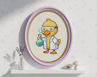 Schema per punto croce di un'anatra scienziata, ricamo di un animale da laboratorio in stile Kawaii in formato PDF (download immediato)