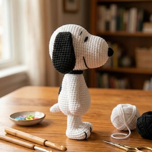 Puede incluir: Una figura de Snoopy hecha a mano, tejida a ganchillo en blanco con detalles en negro, incluyendo las orejas y una mancha en la espalda. La figura está sobre una mesa de madera, con suministros de ganchillo y ovillos de lana cerca. La figura mide unos 20 cm de alto.