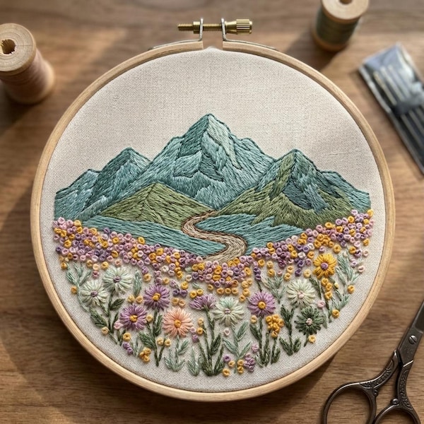 Kit de bordado de paisaje de pradera de montaña - Manualidad escénica de la naturaleza para hacer tú mismo