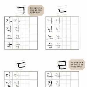 May include: A Korean language learning guide with examples of writing characters. The image shows a grid with Korean characters and instructions. The text includes phrases like "Learn Regular Script" and "Consonants Writing."