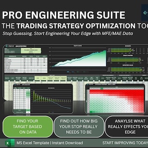 Könnte beinhalten: Dunkles Bild mit dem Text "PRO ENGINEERING SUITE" und "THE TRADING STRATEGY OPTIMIZATION TOOL." Das Bild enthält Diagramme und die Sätze "Finden Sie Ihr Ziel basierend auf Daten", "Finden Sie heraus, wie groß Ihr Stop wirklich sein muss" und "Analysieren Sie, was Ihren Vorteil wirklich beeinflusst".