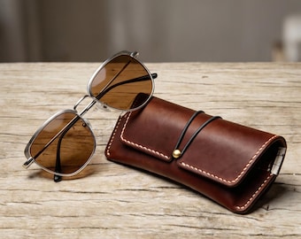 Leather Glasses Case, Vintage Sunglasses Pouch, Hand Stitched Eyewear Protector, Wrap Closure, Full Grain Leather Gift