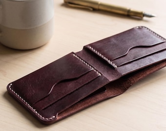Minimalist Burgundy Leather Wallet, Handmade Vintage Card Holder, Ultra Thin Vegetable Tanned Coin Purse, for Women and Men