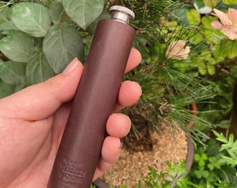 Handmade Leather Tube Flask, 1.7oz Vintage Whiskey Flask for Men, 304 Stainless Steel Cigar Pocket Flask, Groomsmen Husband Gift