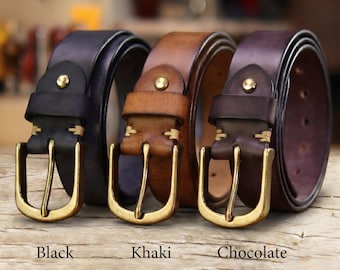 Full Grain Leather Belt for Men, Heavy Duty Vintage Work Belt, Solid Brass Buckle 1.5 Inch Wide, Mens Jeans Belt, Anniversary Gift for Him