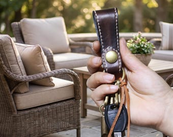 Handmade Leather Keychain, Solid Brass Belt Loop Key Fob, Patina Cowhide, Car Key Holder, Vintage EDC, Groomsmen Gift