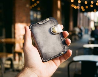Waxed Leather Mens Wallet, Minimalist EDC Card Holder, YKK Brass Snap, Handstitched Front Pocket Coin Purse, Patina Gift for Him