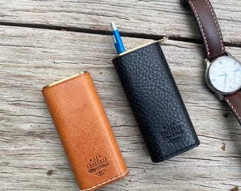 Handmade Italian Leather Cigarette Case with Solid Brass Core, Vintage Slim Cigarette Holder, Hand Stitched EDC Smoker Gift for Men