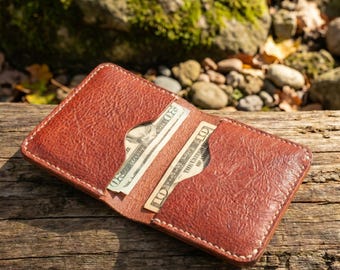 Handmade French Veg Tan Leather Wallet for Women, Minimalist Red Card Holder, Vintage Front Pocket ID Case, 3rd Anniversary Gift Wife