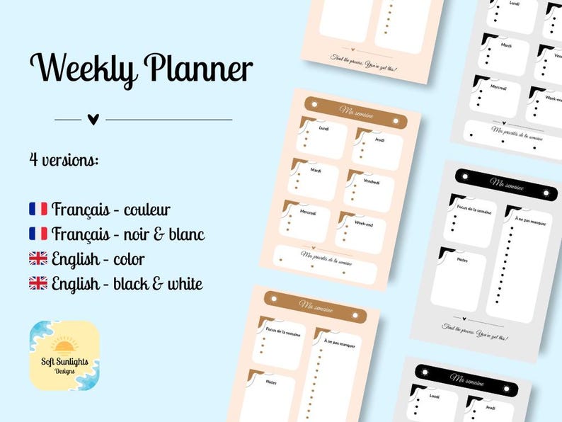 Minimal Weekly Planner Printable | 4 Versions FR & EN | Digital Planner ...