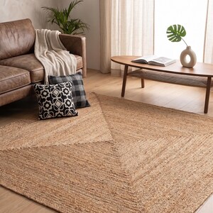 Handmade Natural Jute Area Rug | Geometric Square Pattern Rug | Woven Farmhouse Rug | Boho Living Room Rug | Eco-Friendly Floor Carpet