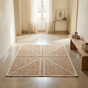 Handwoven Jute Rug | Geometric Natural Fiber Boho Carpet, Farmhouse Area Mat image 1
