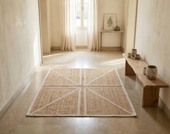 Handwoven Jute Rug | Geometric Natural Fiber Boho Carpet, Farmhouse Area Mat