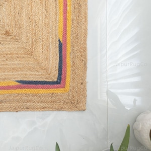 Handwoven Jute Rug | Boho Border Natural Fiber Floor Mat, Rustic Farmhouse Entryway Rug