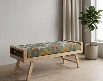 Handmade Kilim Bench, Boho Entryway Bench, Wool Turkish Rug Upholstered Wooden Bench, Bohemian Furniture