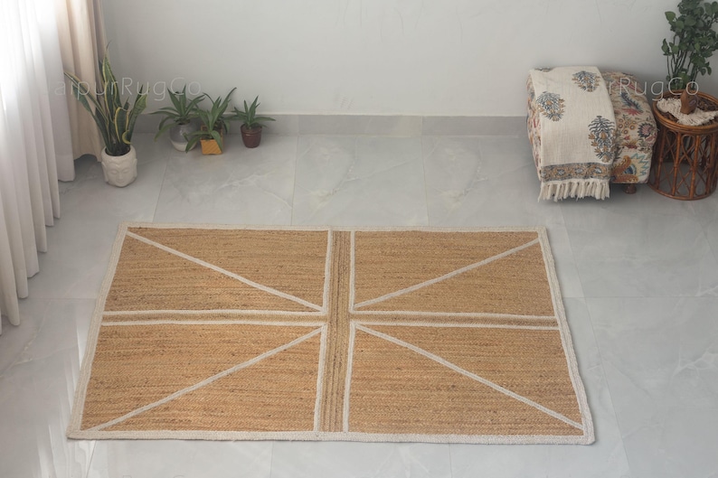 Handwoven Jute Rug | Geometric Natural Fiber Boho Carpet, Farmhouse Area Mat image 9
